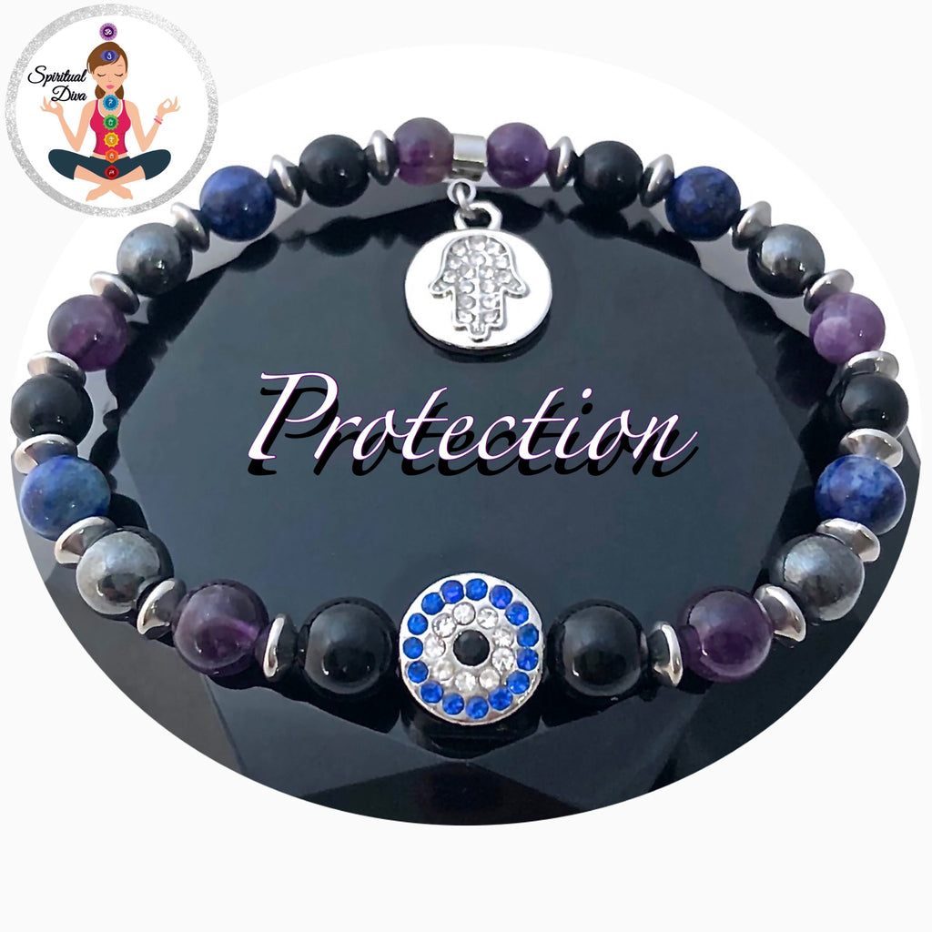 PROTECTION Hamsa Hand Evil Eye Healing Crystal Reiki Gemstone Bracelet - Spiritual Diva Jewelry