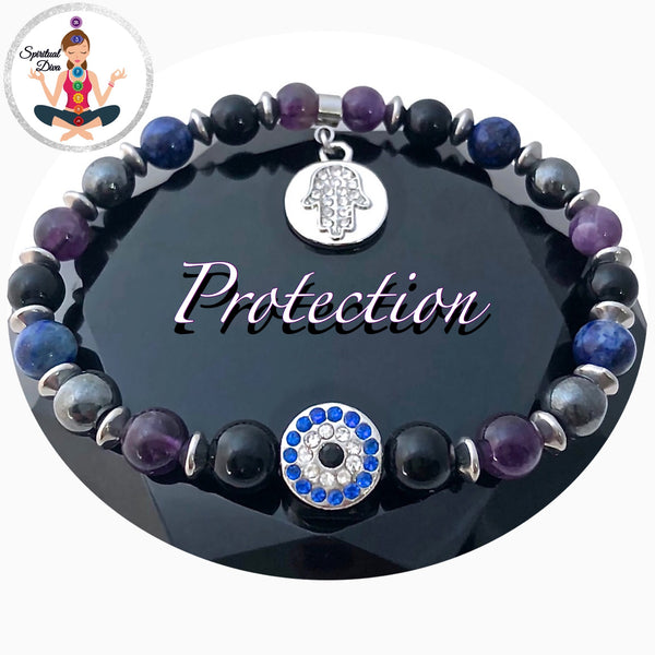 PROTECTION Hamsa Hand Evil Eye Healing Crystal Reiki Gemstone Bracelet - Spiritual Diva Jewelry