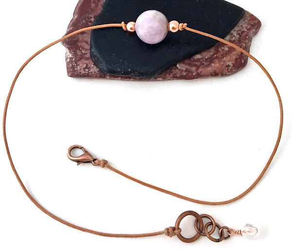 Pink Kunzite Healing Crystal Reiki Leather Copper Choker Necklace - Spiritual Diva Jewelry