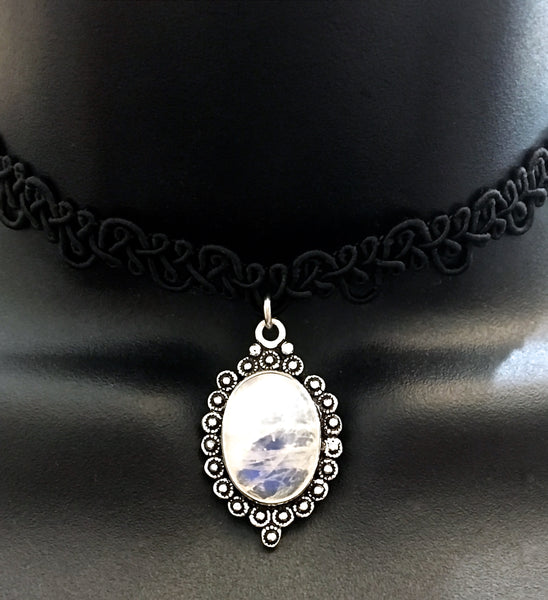 Moonstone Healing Crystal Black Silver Reiki Choker Gemstone Necklace - Spiritual Diva Jewelry