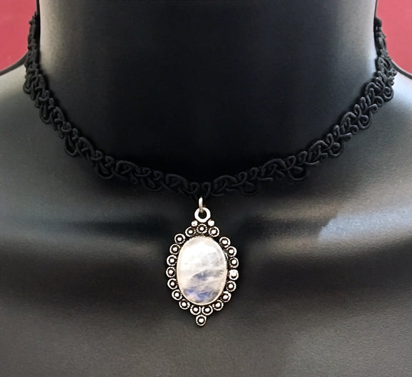 Moonstone Healing Crystal Black Silver Reiki Choker Gemstone Necklace - Spiritual Diva Jewelry