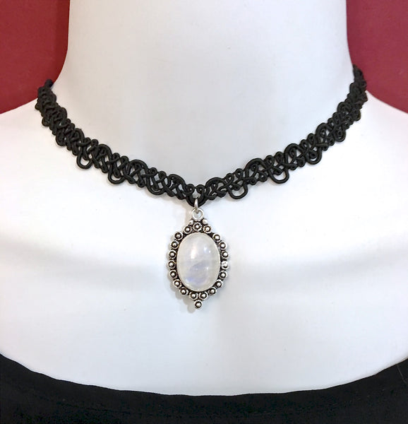 Moonstone Healing Crystal Black Silver Reiki Choker Gemstone Necklace - Spiritual Diva Jewelry