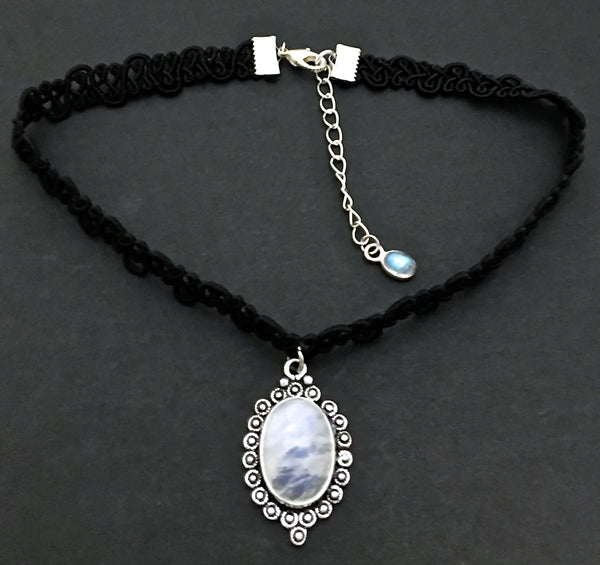 Moonstone Healing Crystal Black Silver Reiki Choker Gemstone Necklace - Spiritual Diva Jewelry