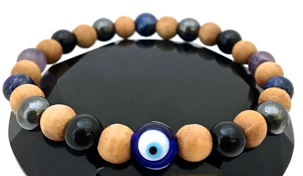 PROTECTION Evil Eye Mens Healing Crystal Reiki Olive Wood Bracelet - Spiritual Diva Jewelry