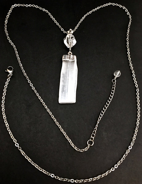 Selenite Clear Quartz Healing Crystal Reiki Gemstone Necklace Pendant - Spiritual Diva Jewelry