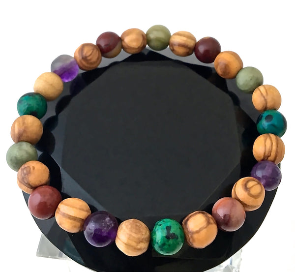 STRENGTH Heal Grief Depression Men Gemstone Olive Wood Reiki Bracelet - Spiritual Diva Jewelry