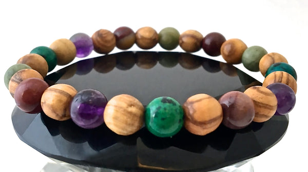 STRENGTH Heal Grief Depression Men Gemstone Olive Wood Reiki Bracelet - Spiritual Diva Jewelry