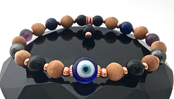 PROTECTION Evil Eye Energy Healing Crystal Reiki Olive Wood Bracelet - Spiritual Diva Jewelry