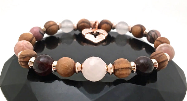 Soulmate Love Healing Crystal Reiki Olive Wood Rose Gold Bracelet - Spiritual Diva Jewelry