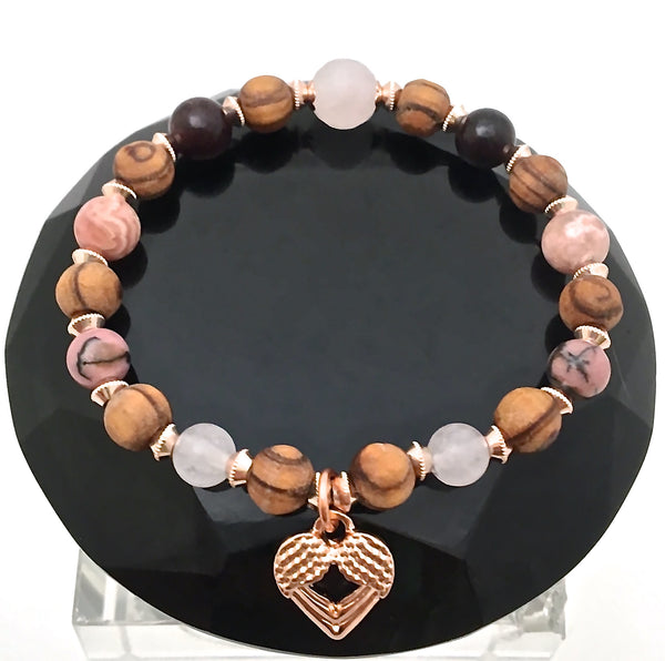 Soulmate Love Healing Crystal Reiki Olive Wood Rose Gold Bracelet - Spiritual Diva Jewelry
