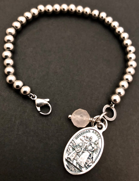 Archangel Chamuel Rose Quartz Healing Crystal Stainless Charm Bracelet - Spiritual Diva Jewelry