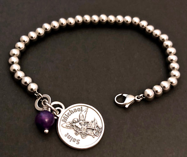 Archangel St Michael Sugilite Healing Crystal Stainless Charm Bracelet - Spiritual Diva Jewelry