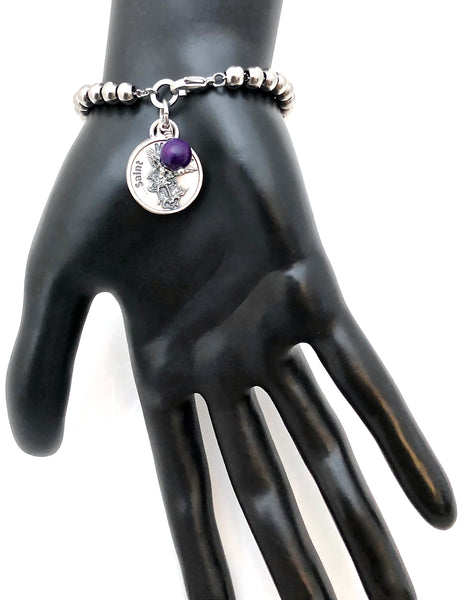 Archangel St Michael Sugilite Healing Crystal Stainless Charm Bracelet - Spiritual Diva Jewelry