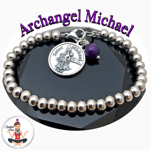 Archangel St Michael Sugilite Healing Crystal Stainless Charm Bracelet - Spiritual Diva Jewelry
