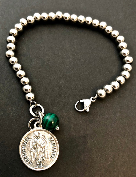 Archangel Raphael Malachite Healing Crystal Stainless Steel Bracelet - Spiritual Diva Jewelry