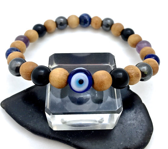 PROTECTION Evil Eye Mens Healing Crystal Reiki Olive Wood Bracelet - Spiritual Diva Jewelry