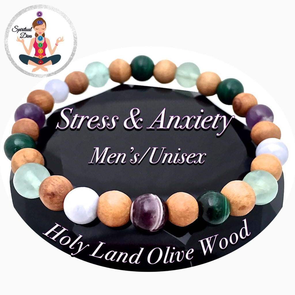 Stress Anxiety Relief Mens Healing Crystal Reiki Olive Wood Bracelet - Spiritual Diva Jewelry