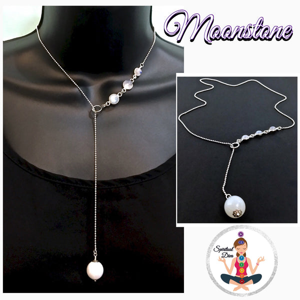 Moonstone Healing Crystal Reiki Sterling Silver Lariat Y Necklace - Spiritual Diva Jewelry