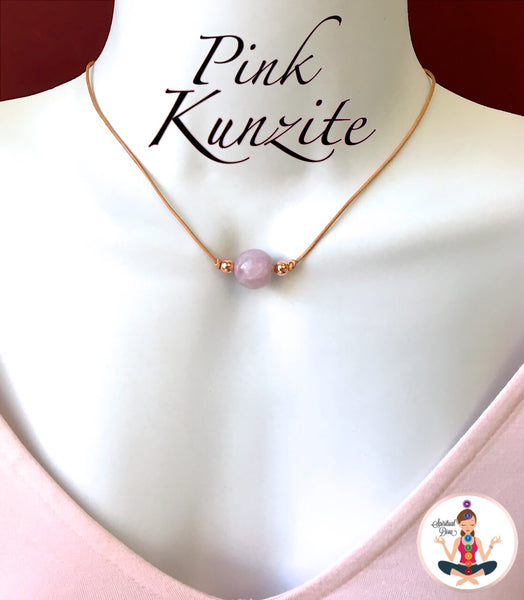 Pink Kunzite Healing Crystal Reiki Leather Copper Choker Necklace - Spiritual Diva Jewelry