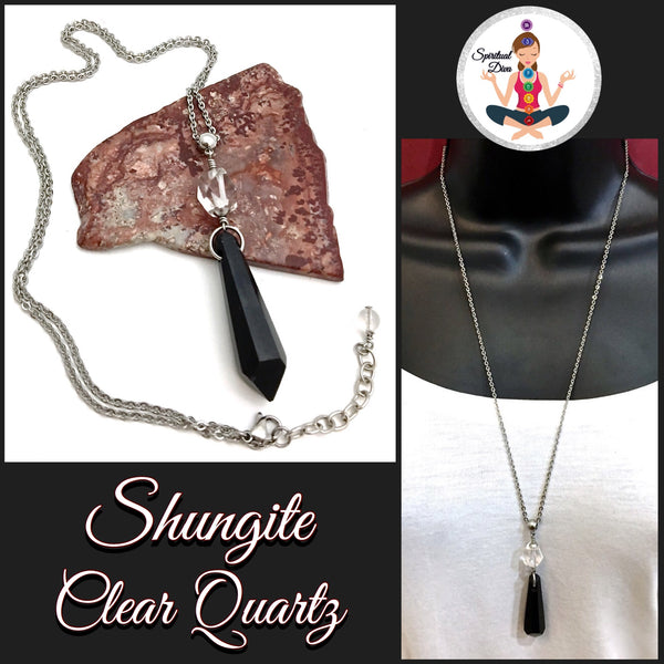 Shungite Clear Quartz Healing Crystal Reiki Gemstone Pendant Necklace - Spiritual Diva Jewelry