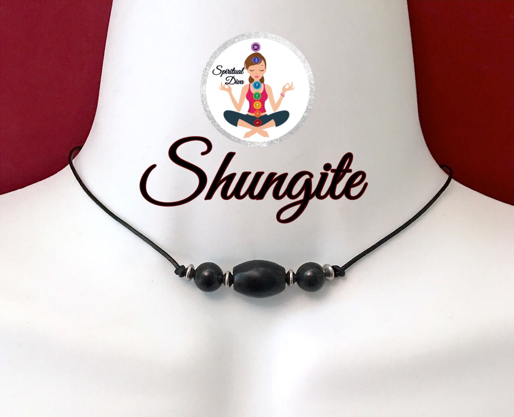 Shungite Energy Healing Crystal Reiki Leather Choker Necklace Pendant - Spiritual Diva Jewelry