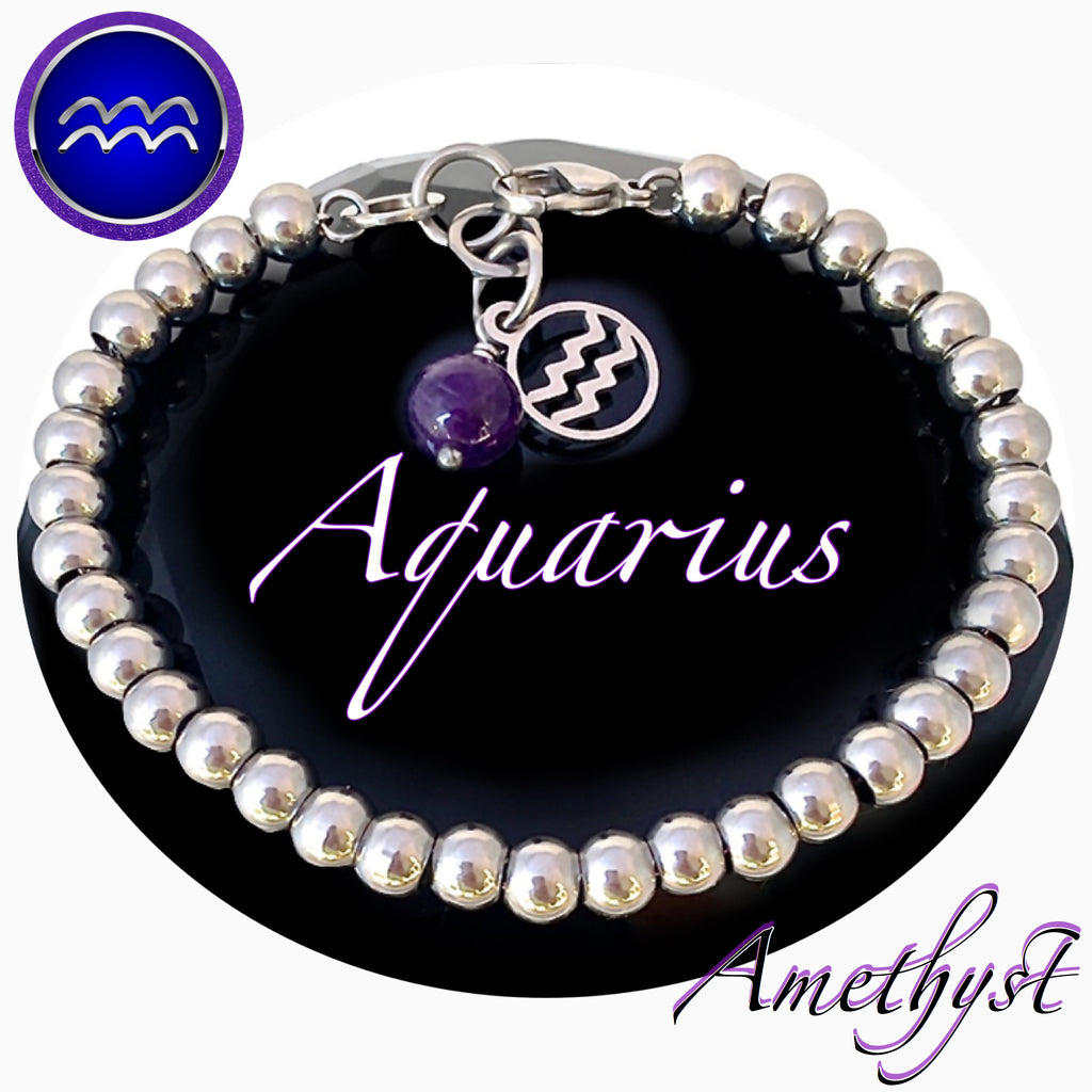 Aquarius Healing Crystal Astrology Zodiac Reiki Amethyst Bracelet - Spiritual Diva Jewelry