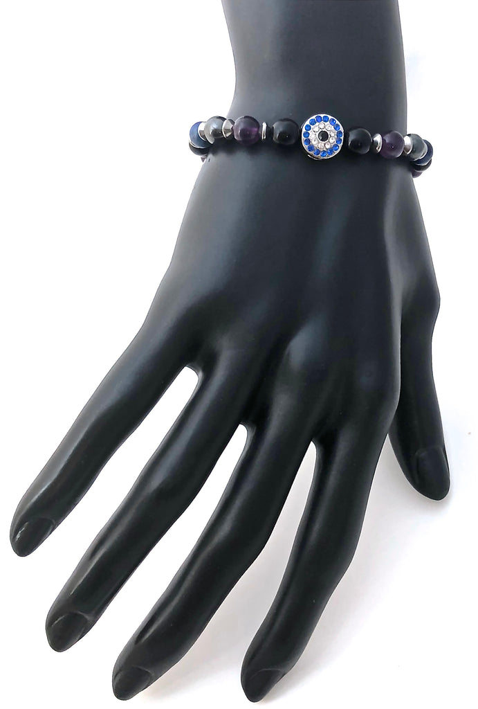 PROTECTION Hamsa Hand Evil Eye Healing Crystal Reiki Gemstone Bracelet - S  7in