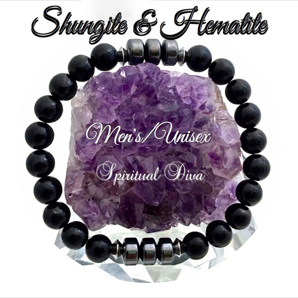 Genuine Shungite Hematite Energy Healing Crystal Mens Reiki Bracelet - Spiritual Diva Jewelry