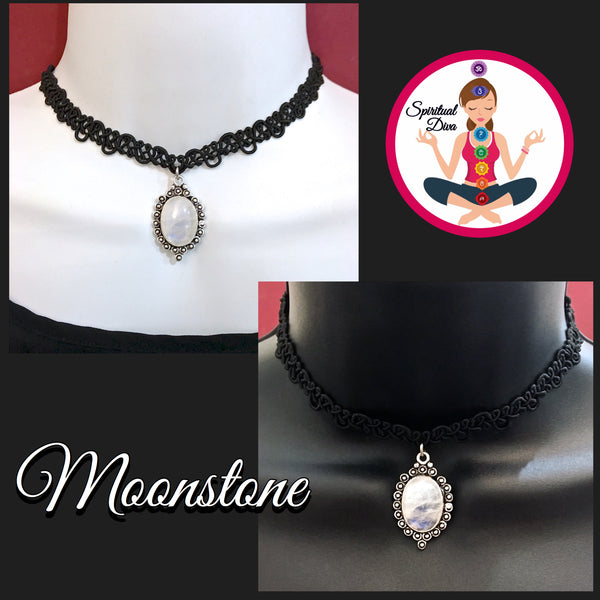 Moonstone Healing Crystal Black Silver Reiki Choker Gemstone Necklace - Spiritual Diva Jewelry