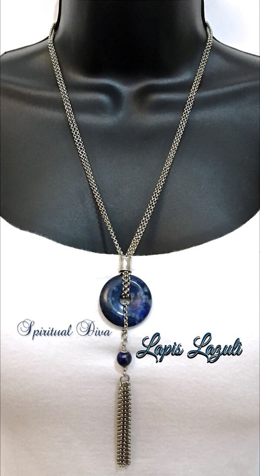 Lapis Lazuli Healing Crystal Reiki Gemstone Stainless Tassel Necklace - Spiritual Diva Jewelry