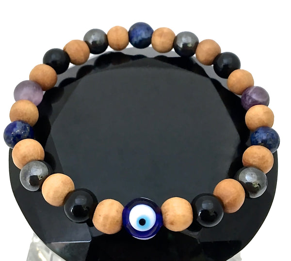 PROTECTION Evil Eye Mens Healing Crystal Reiki Olive Wood Bracelet - Spiritual Diva Jewelry