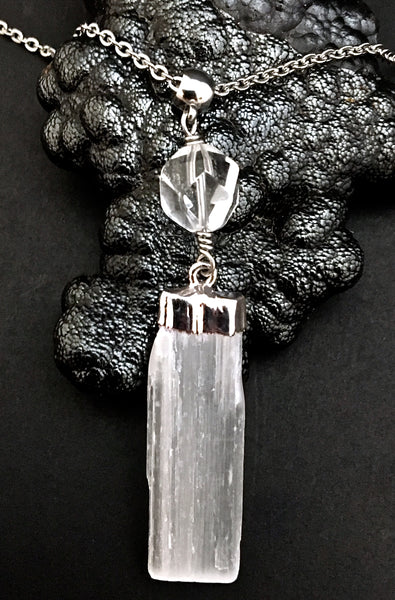 Selenite Clear Quartz Healing Crystal Reiki Gemstone Necklace Pendant - Spiritual Diva Jewelry