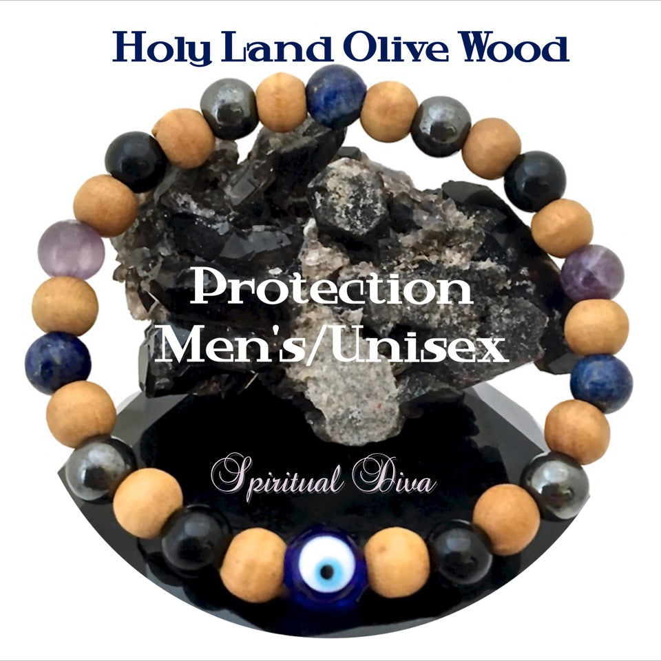 PROTECTION Evil Eye Mens Healing Crystal Reiki Olive Wood Bracelet - womens  small 7 inches