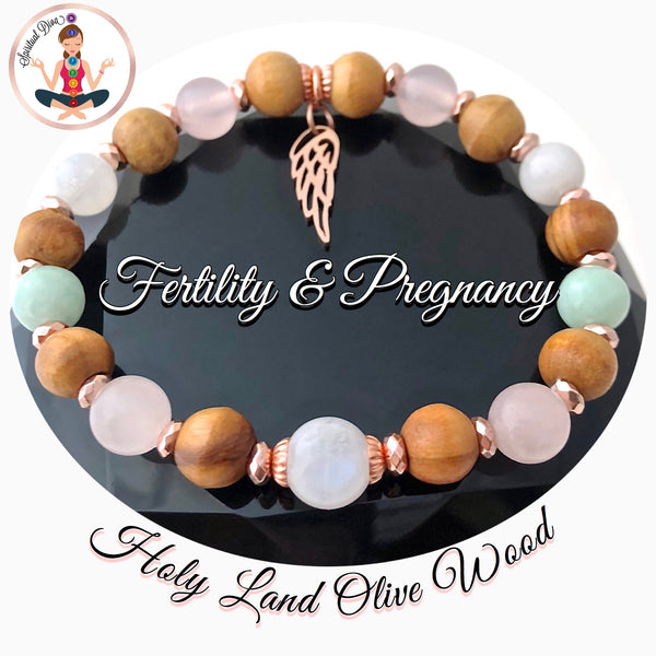 FERTILITY PREGNANCY Gemstone Reiki Olive Wood Rose Gold IVF Bracelet - Spiritual Diva Jewelry