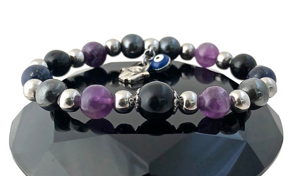 PROTECTION Hamsa Hand Evil Eye Reiki Healing Crystal Gemstone Bracelet - Spiritual Diva Jewelry