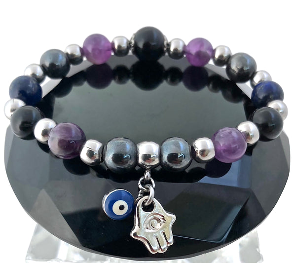 PROTECTION Hamsa Hand Evil Eye Reiki Healing Crystal Gemstone Bracelet - Spiritual Diva Jewelry