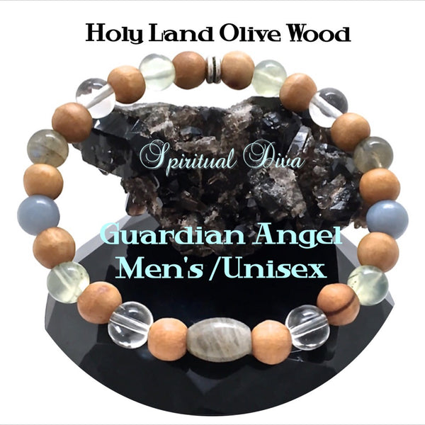 Guardian Angel Mens Healing Crystal Reiki Olive Wood Gemstone Bracelet - Spiritual Diva Jewelry