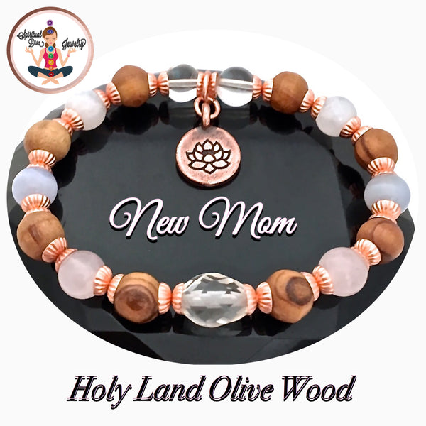 New Mother Baby Healing Crystal Reiki Olive Wood Copper Lotus Bracelet - Spiritual Diva Jewelry
