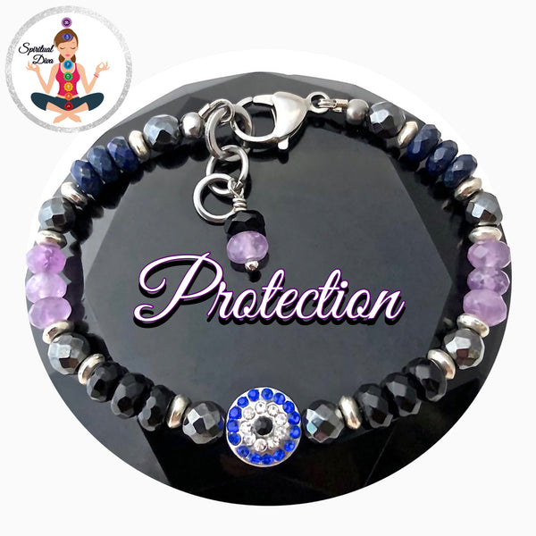PROTECTION Rhinestone Evil Eye Healing Crystal Reiki Gemstone Bracelet - Spiritual Diva Jewelry
