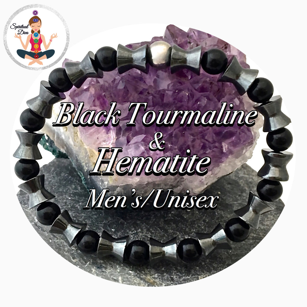 Black Tourmaline Hematite Healing Crystal Mens Gemstone Reiki Bracelet - Spiritual Diva Jewelry