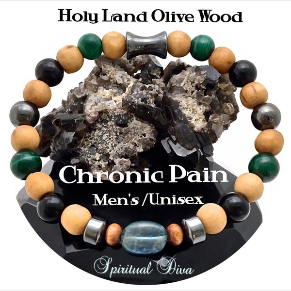 Chronic Pain Relief Healing Crystal Mens Unisex Olive Wood Bracelet - Spiritual Diva Jewelry