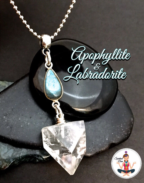 Apophyllite Labradorite Healing Crystal Reiki Pendant Silver Necklace - Spiritual Diva Jewelry