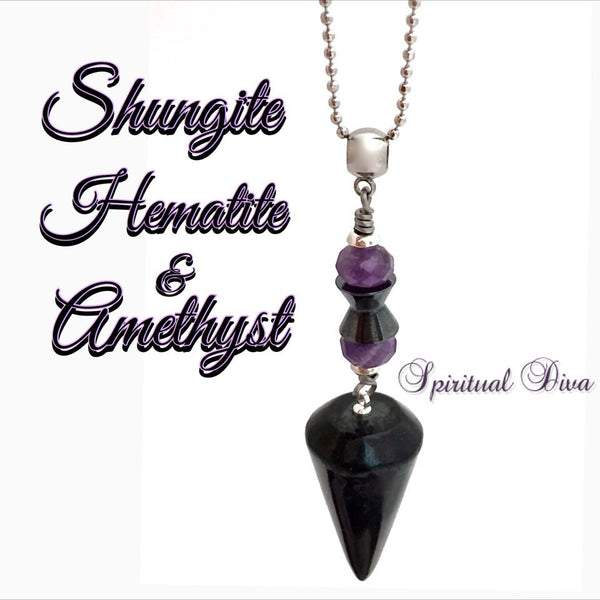 Shungite Hematite Amethyst Healing Crystal Reiki Necklace Pendant - Spiritual Diva Jewelry
